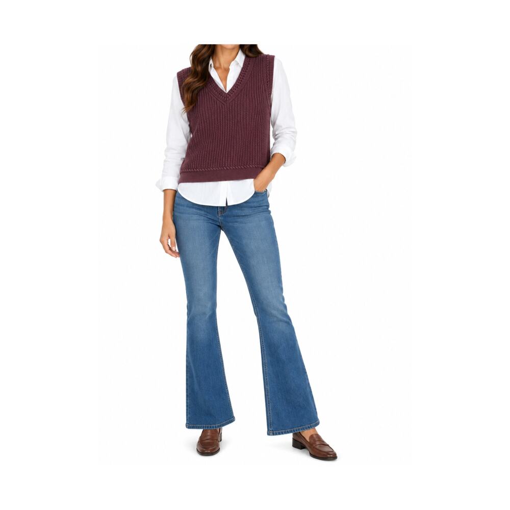 Theory Sweater Vest Womens Size S Plum Cable Knit Pullover Heavy Cotton V-Neck
